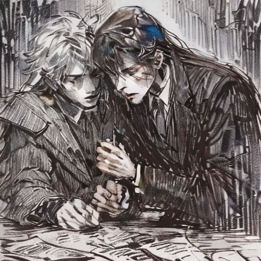 a drawing of two people sitting at a table looking at a cell phone and a newspaper on the table