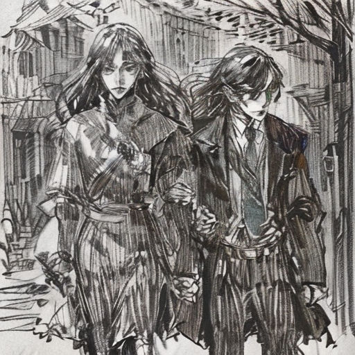a drawing of two people walking down a street together, one of them is wearing a coat and the other is a tie