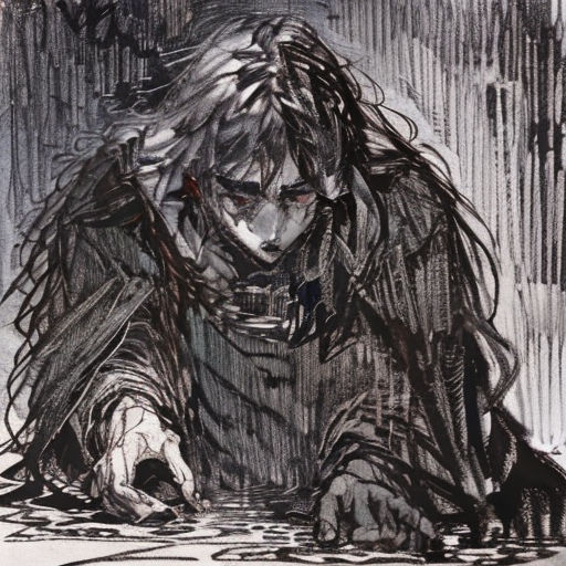 a drawing of a man with long hair and a knife in his hand, sitting on the ground with his head down