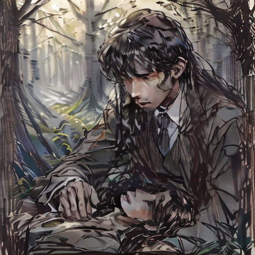 a man in a suit and tie sitting in a forest with a bird in his hand and a bird in his hand