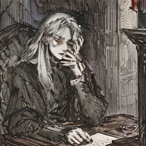 a drawing of a woman sitting at a table with a book in her hand and a pen in her hand