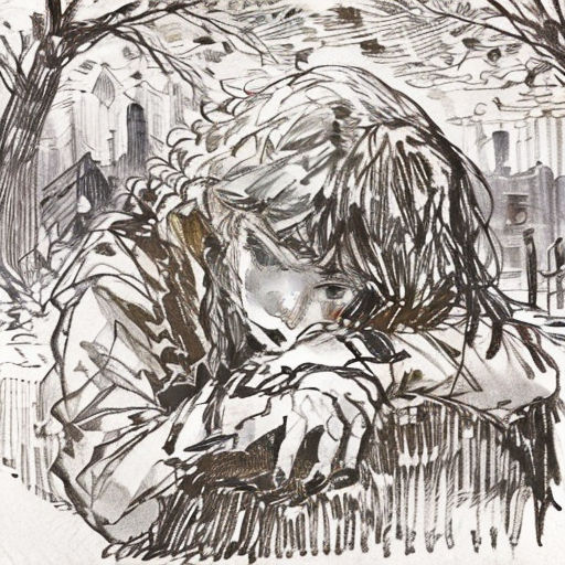 a drawing of a person sitting in a park with a cat in his lap and a city in the background