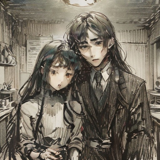 a couple of people standing next to each other in a room with a light above them and a clock above them