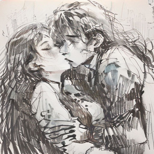 a drawing of a couple kissing in a city street with buildings in the background and a black and white drawing of a man and woman