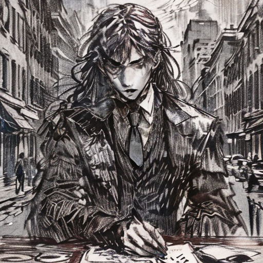 a drawing of a man sitting at a table in a city street with a book and pen in his hand