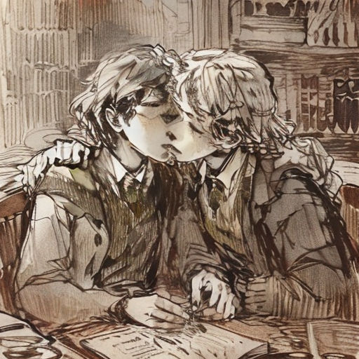 a drawing of two people sitting at a table with papers and pens in front of them, one of them is kissing the other
