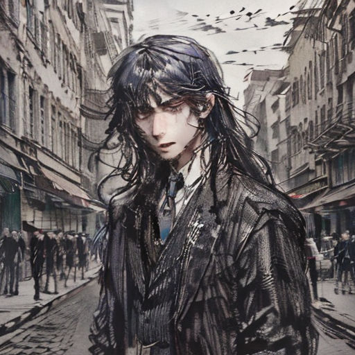 a man with long hair and a tie standing in a street with birds flying overhead in the background and a cityscape