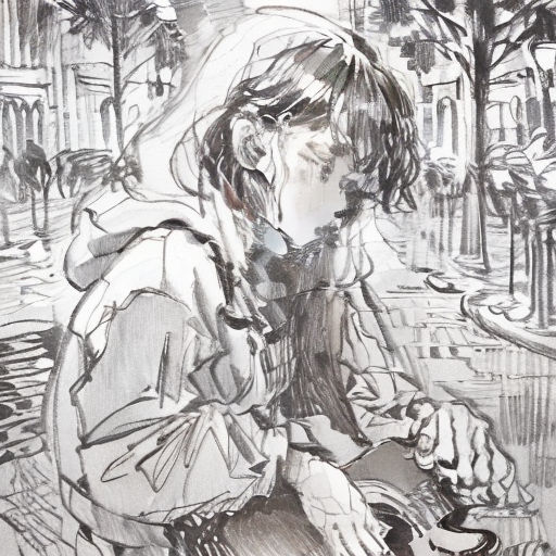 a drawing of a woman sitting on a bench in the rain with a cup of coffee in her hand