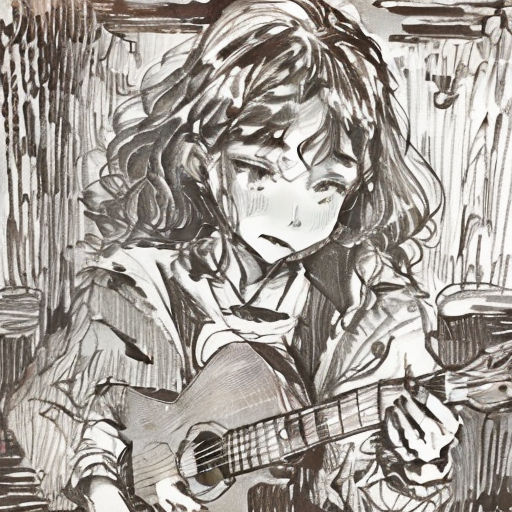 a drawing of a girl playing a guitar in a room with a curtain and a window behind her is a drawing of a girl with a guitar