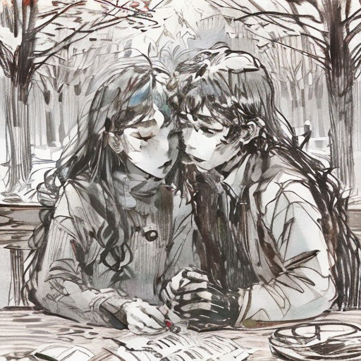 a drawing of two people sitting at a table together, one of them is looking at a book and the other is reading