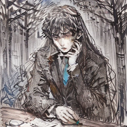 a drawing of a man sitting at a table with a phone to his ear and a book to his other hand
