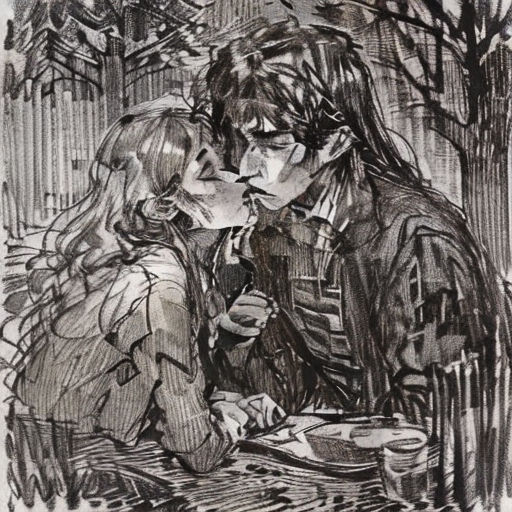 a drawing of a couple sitting at a table eating food together, with trees in the background and a man and woman kissing