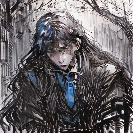 a drawing of a woman sitting on a bench in the snow with her head down and her coat over her shoulders
