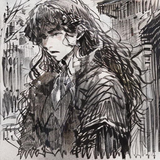 a drawing of a woman in a coat and tie standing in front of a building with a tree in the foreground