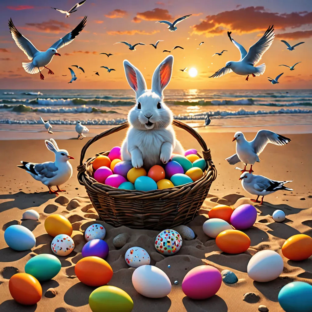 a bunny sitting in a basket with eggs on the beach with seagulls flying around it and a sunset in the background, magic realism, a digital rendering, Art Brenner, highly detailed digital art