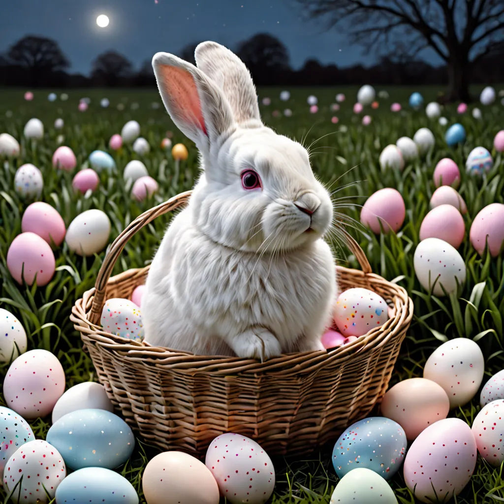 a white rabbit sitting in a basket with eggs in it on a field of grass with trees and moon in the background, magical realism, a digital rendering, Beatrix Potter, highly detailed digital art