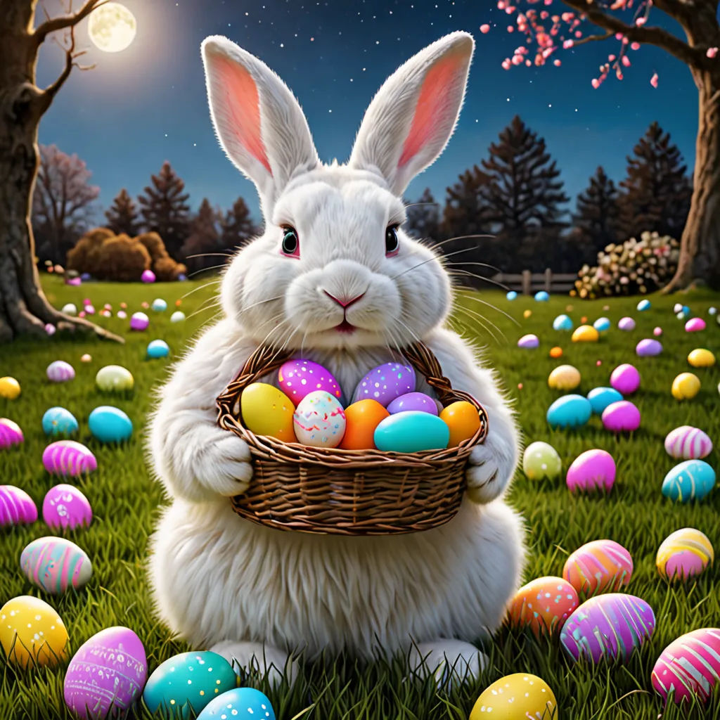 a painting of a bunny holding a basket of eggs in a field of grass with trees and flowers in the background, furry art, a digital rendering, Beatrix Potter, highly detailed digital painting