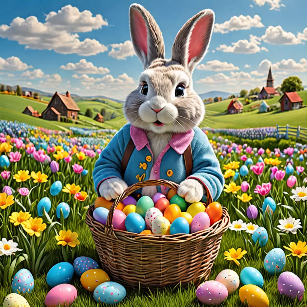 a painting of a bunny with a basket of eggs in a field of flowers and daisies with a house in the background, fantastic realism, a digital rendering, Beatrix Potter, highly detailed digital painting