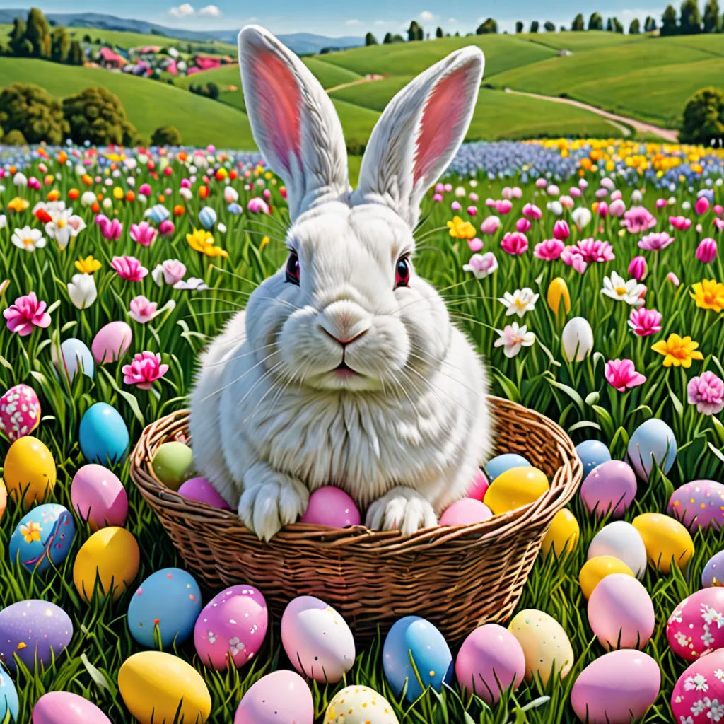 a painting of a bunny sitting in a basket in a field of flowers with eggs in it and a hill in the background, fantastic realism, a photorealistic painting, Drew Struzan, highly detailed digital painting