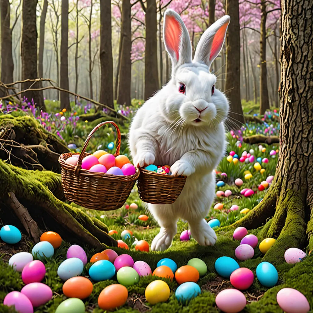 a white rabbit carrying a basket full of eggs in a forest filled with pink and green eggs, with pink and blue flowers, magical realism, a digital rendering, Chris LaBrooy, highly detailed digital art