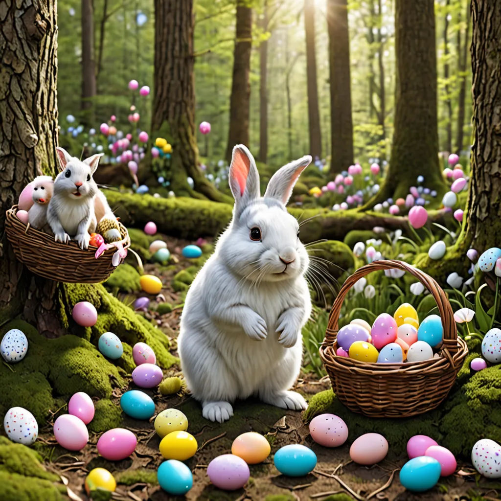 a bunny and a bunny rabbit sitting in a forest with eggs in a basket and a basket of eggs in the grass, magical realism, a digital rendering, Beatrix Potter, behance hd