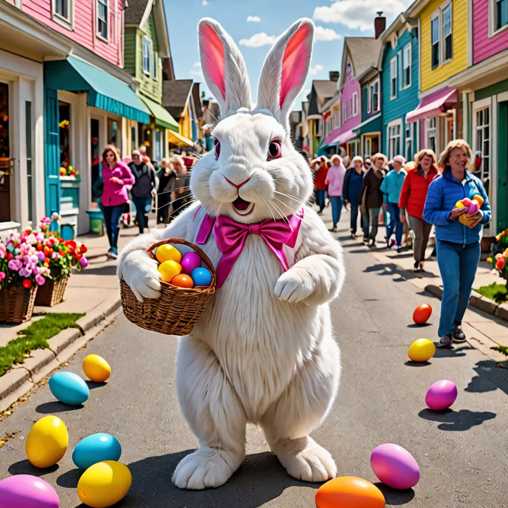 a large white bunny holding a basket of eggs in a parade route with people walking by onlookers, excessivism, a digital rendering, Bascove, promotional image