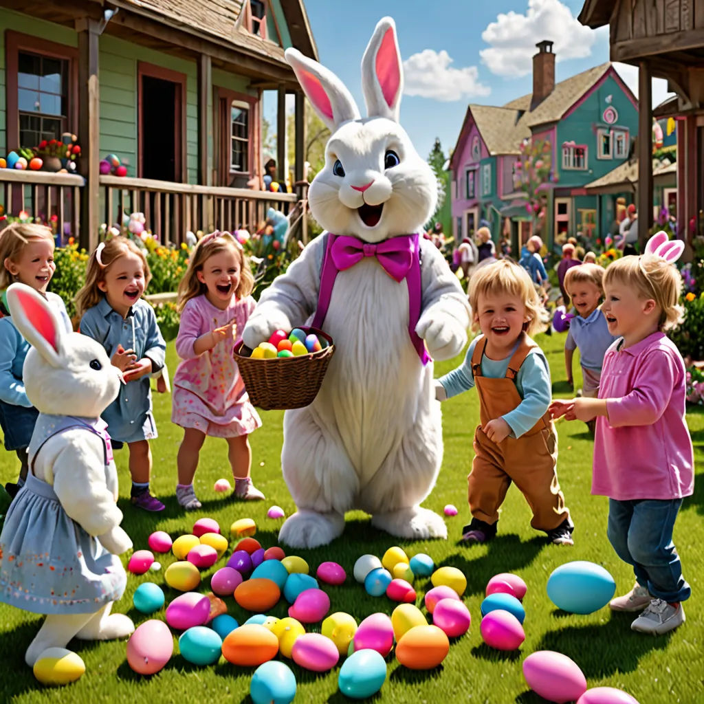 a group of children standing around a bunny with a basket of eggs in front of them and a group of adults, arts and crafts movement, a stock photo, Beatrix Potter, promotional image