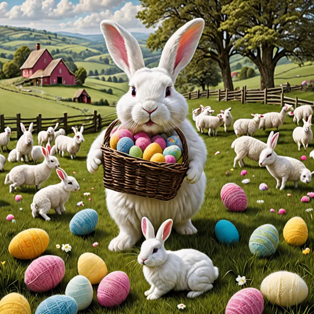 a painting of a bunny holding a basket of eggs in a field of eggs with other rabbits around it, folk art, a digital rendering, Ed Binkley, highly detailed digital painting