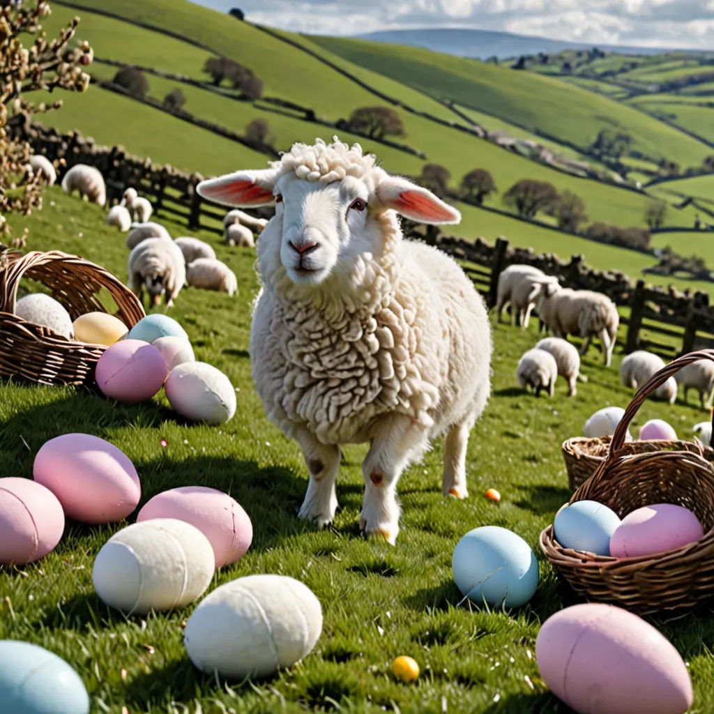 a sheep standing in a field with eggs in baskets and other animals in the background on a sunny day, regionalism, a stock photo, David Young Cameron, award - winning photography