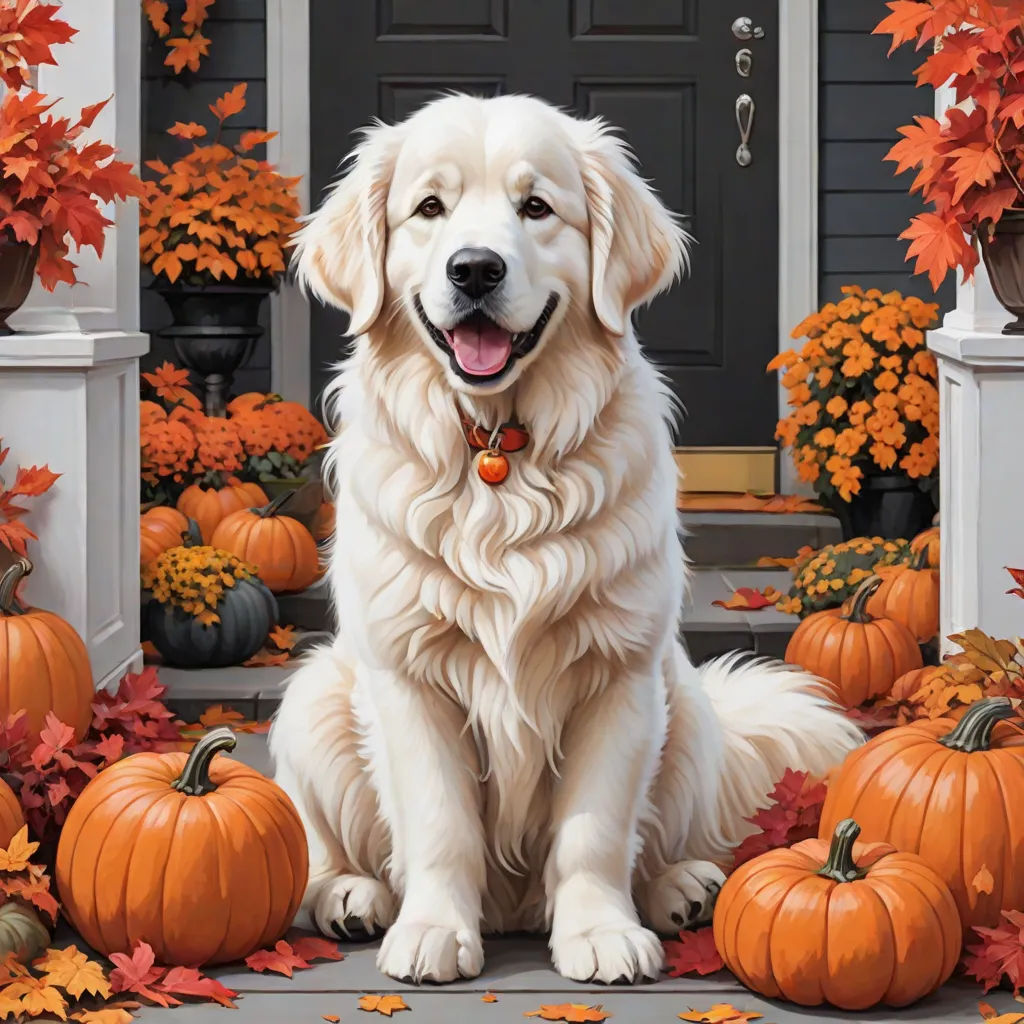 a white dog sitting on a porch surrounded by pumpkins and leaves with a black door in the background, David Budd, american scene painting, a photorealistic painting, highly detailed digital painting