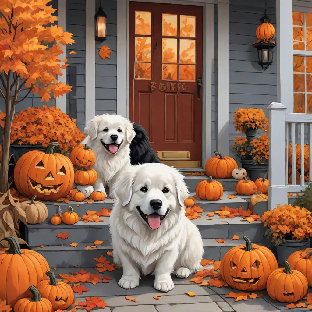two dogs sitting on a porch with pumpkins and pumpkin trees in the background and a house with a door and a porch with pumpkins, Anne Stokes, american scene painting, a storybook illustration, autumn