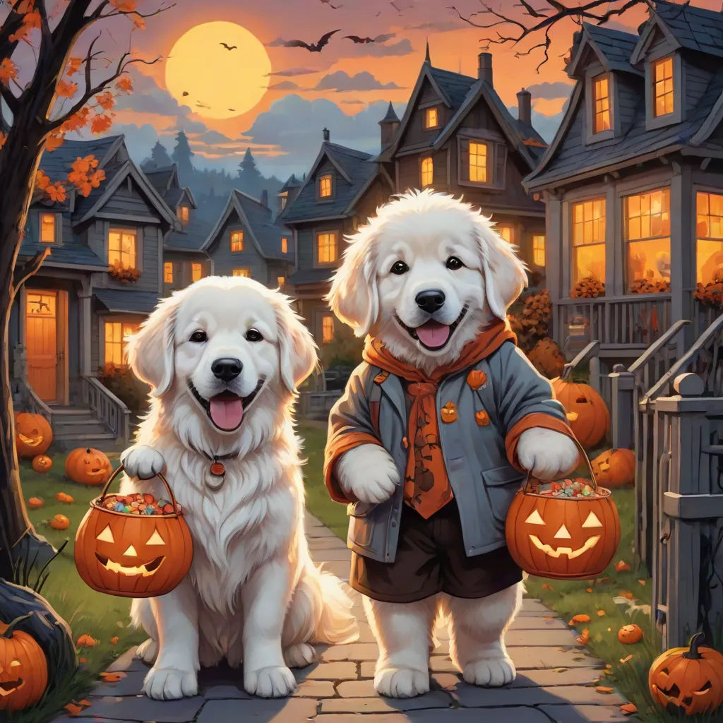 two dogs dressed up in halloween costumes standing in front of a house with pumpkins on the ground and a full moon in the sky, Anne Stokes, furry art, a fine art painting, spooky