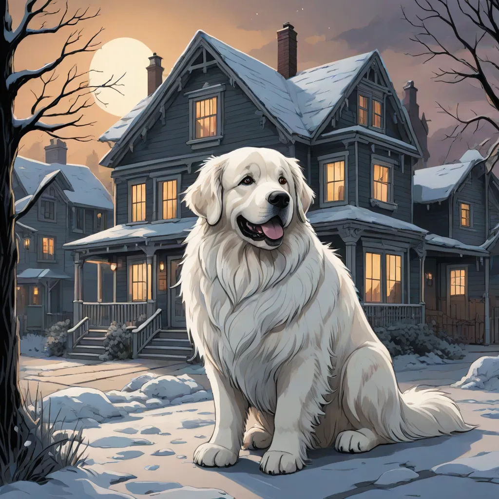 a white dog sitting in front of a house with a full moon in the background and snow on the ground, Dan Mumford, furry art, a storybook illustration, kinkade