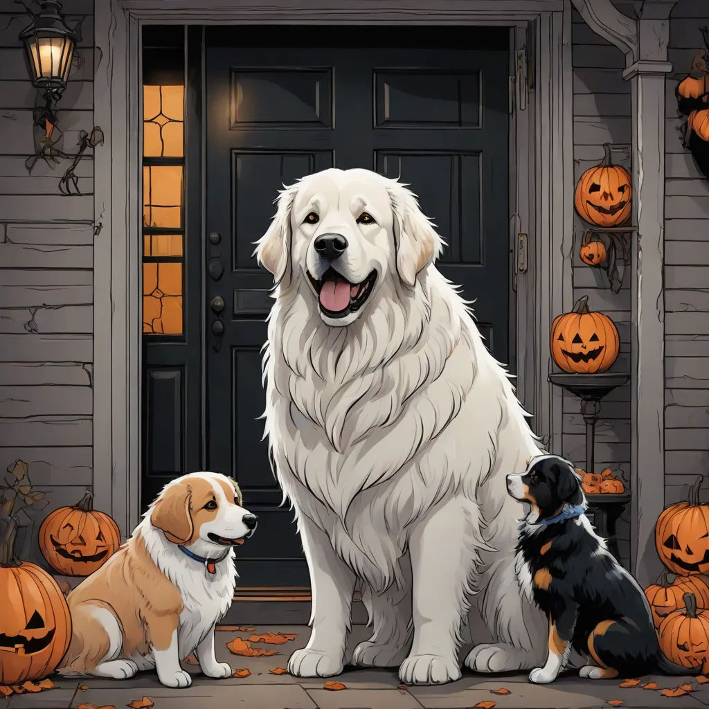 a dog and two dogs sitting in front of a house with pumpkins on the ground and a door, Dan Mumford, furry art, a storybook illustration, official art