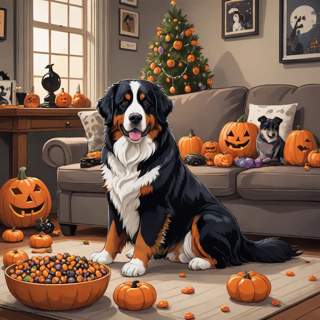 a dog sitting on a rug next to a bowl of candy and pumpkins on the floor in front of a couch, Chris LaBrooy, furry art, a detailed painting, highly detailed digital painting