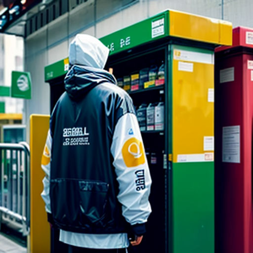 a man in a hooded jacket is standing at a machine that is selling drinks to people on the street