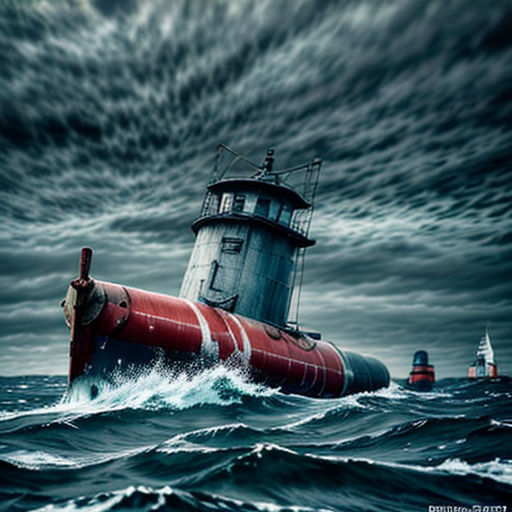 a red and white boat in the ocean with a lighthouse in the background and a cloudy sky above it