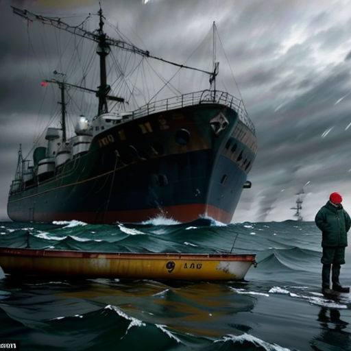 a man standing in the water next to a boat in the ocean with a ship in the background and a person standing on a raft in the water