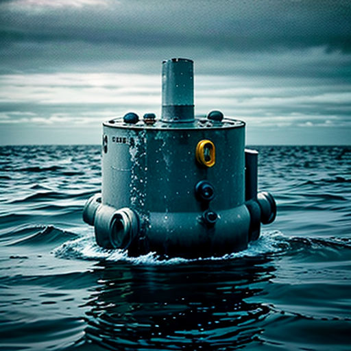 a submarine floating in the ocean under a cloudy sky with a yellow light on it's side and a yellow light on the top