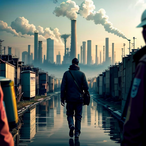 a man walking down a street past a factory with smoke stacks in the background and a person walking down the street
