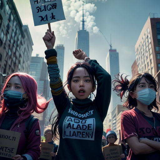 a group of people holding signs and wearing masks in a city street with buildings in the background and smoke billowing from the sky
