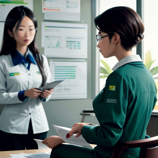two women in green uniforms standing in front of a desk with papers and papers on it, and one woman in a white lab coat