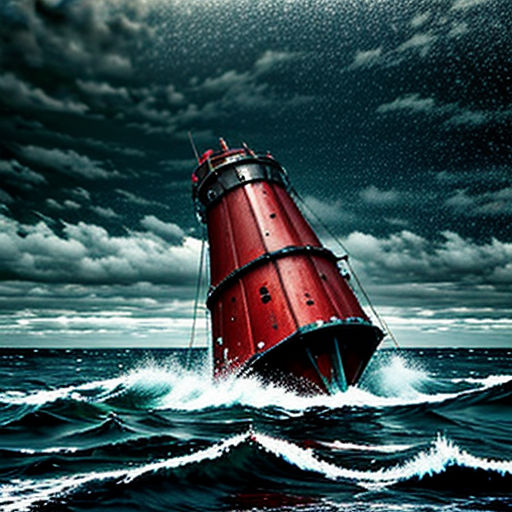 a red boat in the middle of the ocean under a cloudy sky with stars and clouds above it, with a full moon above