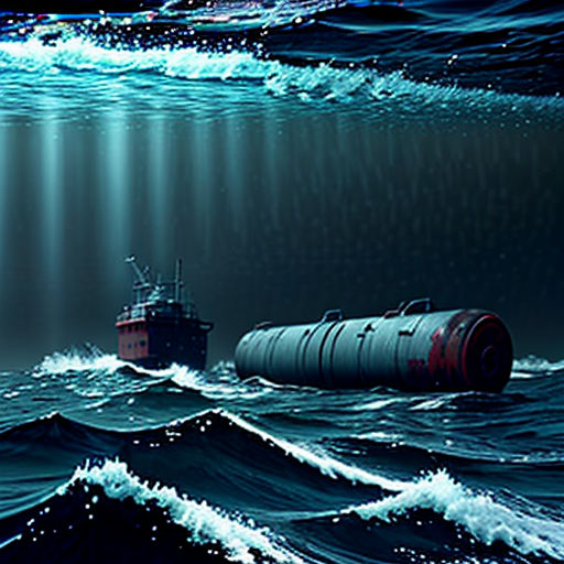 a submarine floating in the ocean with a light shining on it's side and a boat in the water