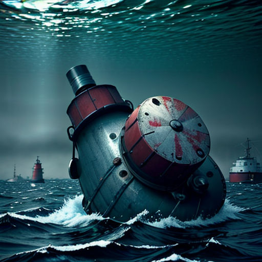 a large metal object floating in the ocean with a lighthouse in the background photo by alex macieli