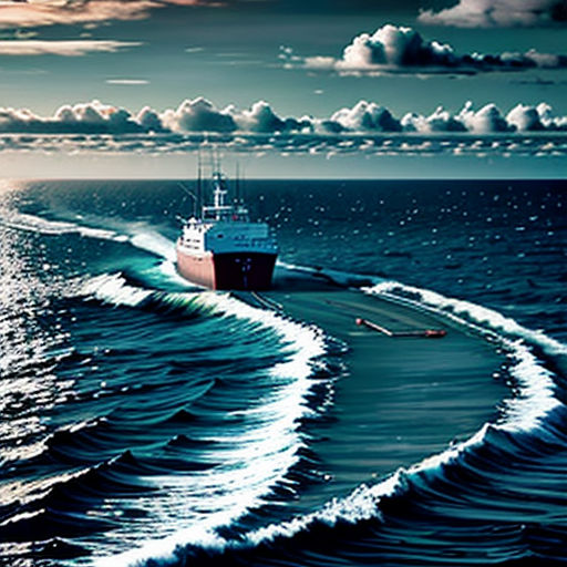 a boat is traveling through the ocean on a sunny day with clouds in the sky above it and a boat in the water