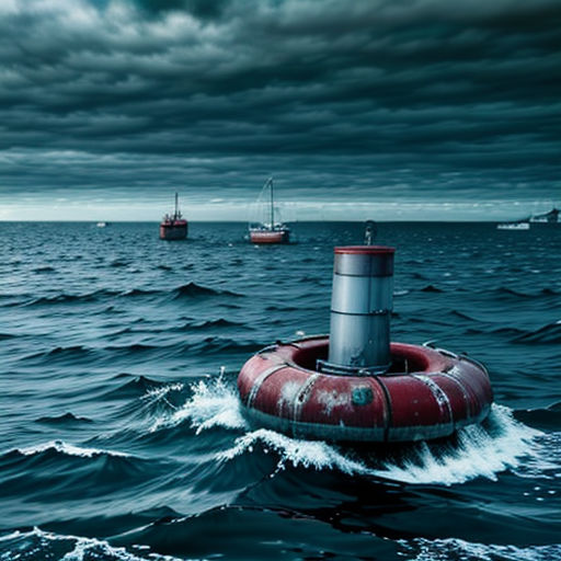 a life preserver floating in the middle of the ocean under a cloudy sky with ships in the distance