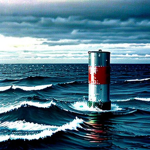 a red and white buoy in the middle of the ocean with waves coming in from the water and a cloudy sky