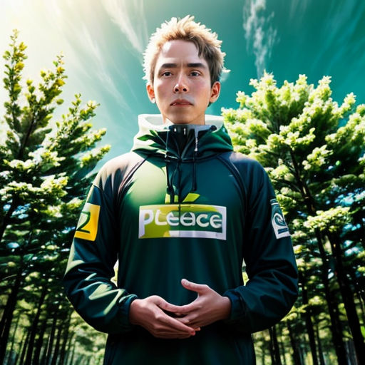 a man standing in front of a forest with trees in the background and a sky background with clouds in the sky