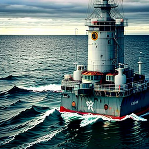 a large boat in the middle of the ocean with a lighthouse on top of it's head and a cloudy sky above